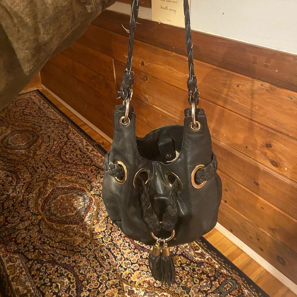 Authentic Michael Kors Black Leather bag with Tassles & Braided Handle